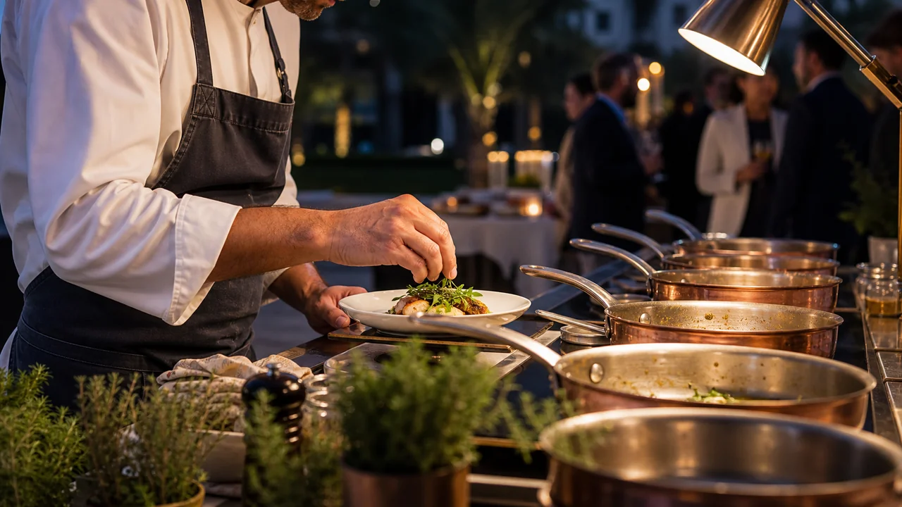Live cooking station with copper pots at a catered event