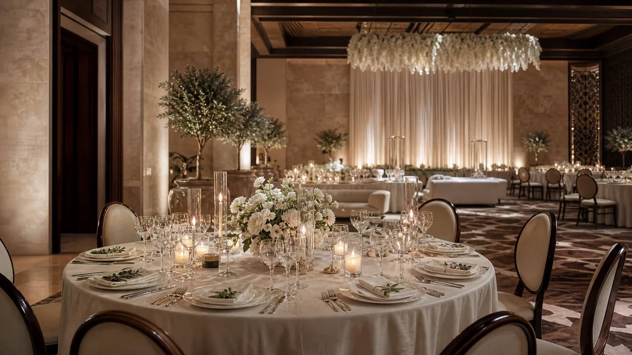 Grand ballroom with round table setup for a wedding in Dubai