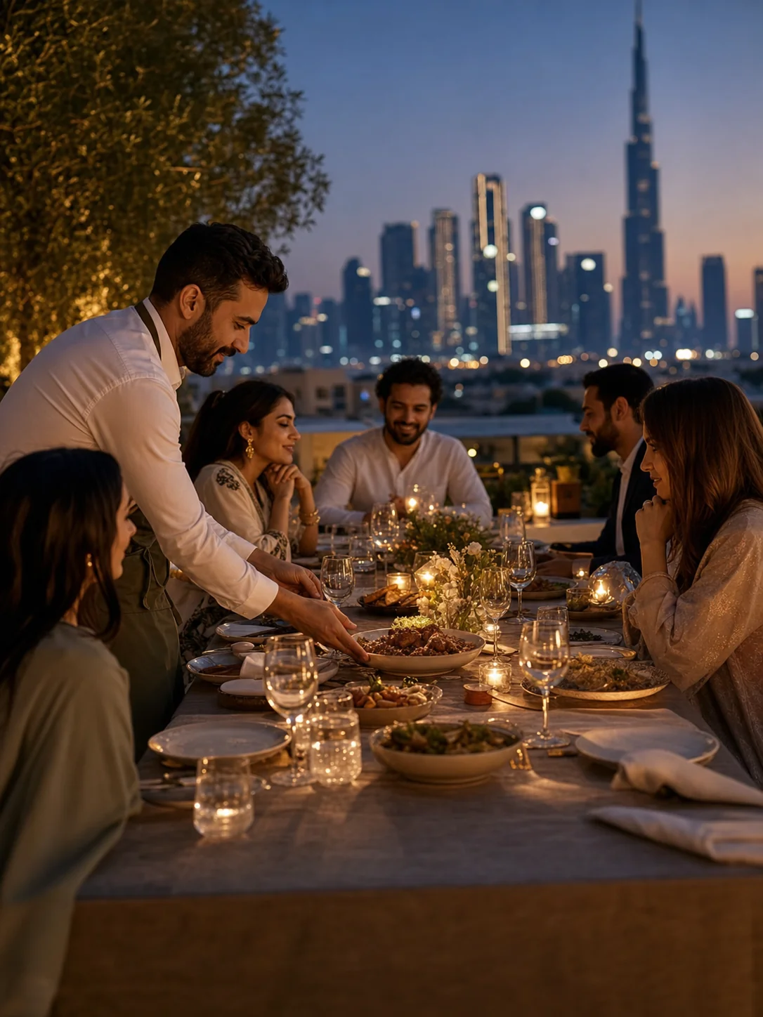 Guests seated at a beautifully set rooftop dinner table at golden hour in Dubai