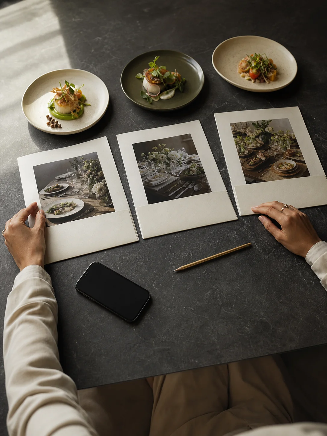 Overhead flat-lay of catering proposal cards with tasting plates on dark marble