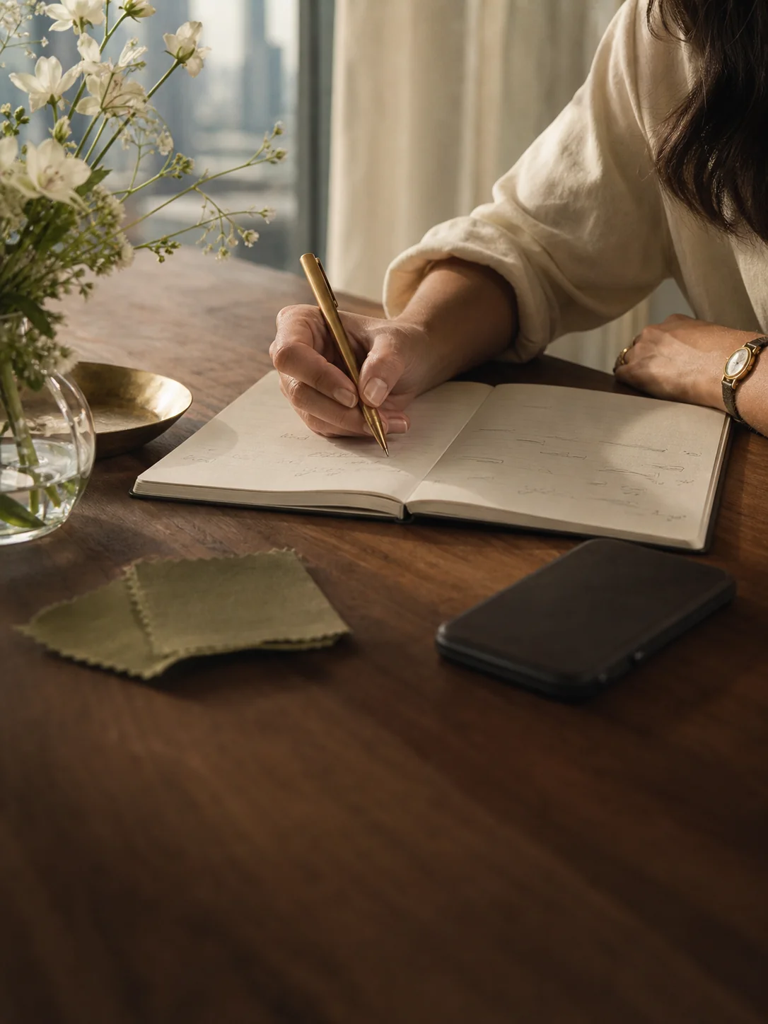 Elegant hands writing event details in a leather-bound planner with white roses and gold pen