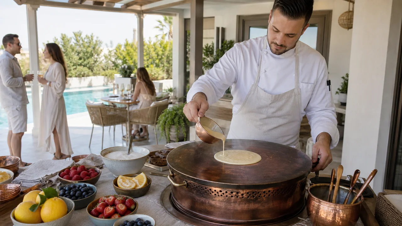 Live crepe station poolside at a Dubai catering event