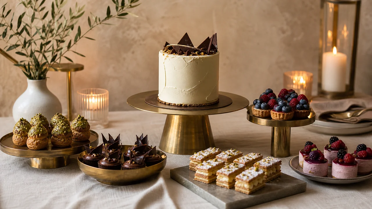 Luxury dessert table with gold stands in Dubai