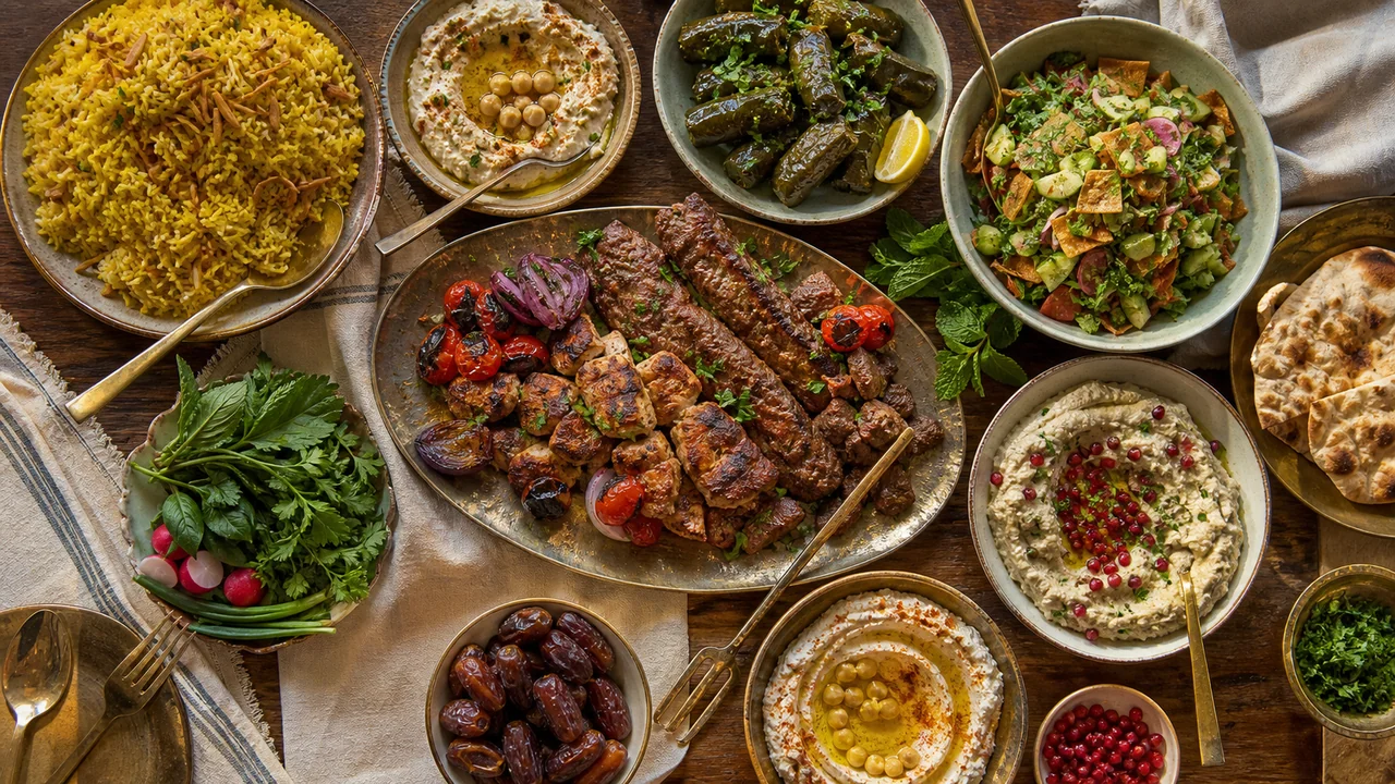Overhead view of a luxury Middle Eastern feast spread