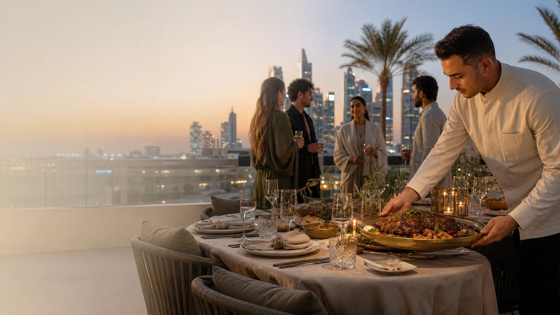 A caterer serving guests at a beautifully set Dubai rooftop dinner