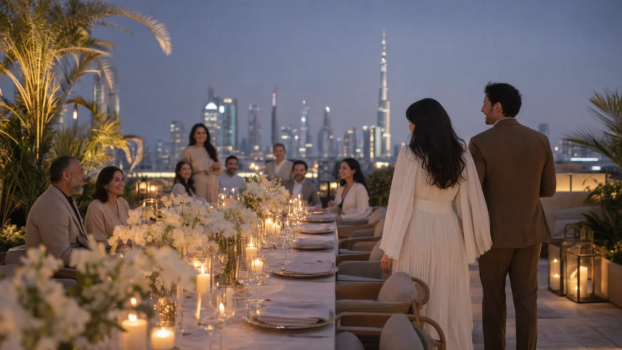 Rooftop dinner with Burj Khalifa sunset and candles